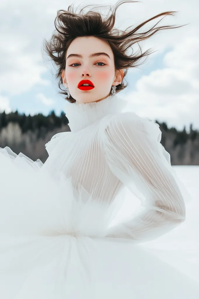 A young woman with windswept brown hair wears a white, pleated, high-necked gown.  The dress is long-sleeved and features a sheer, tulle overlay. She is wearing delicate earrings and has bright red lipstick. The background is a snowy landscape with a dark forest line. The overall mood is romantic and ethereal.