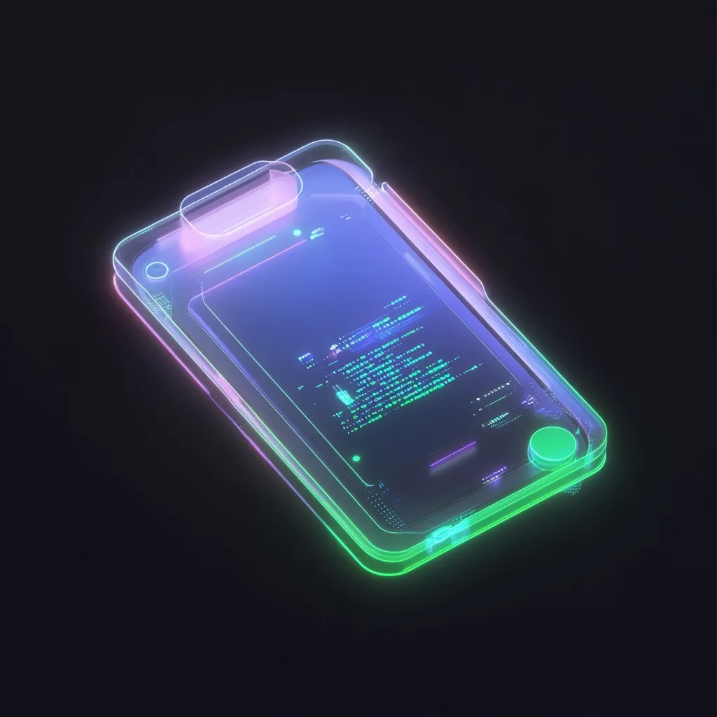 Here's a description of the image:

The image showcases a futuristic, transparent smartphone rendered in vibrant neon colors.  A purplish-pink and lime-green glow outlines the phone's edges, creating a holographic effect.  The screen displays lines of what appears to be code in a teal-green hue. The design is sleek and minimalist, emphasizing a technologically advanced and stylish aesthetic. The dark background enhances the neon glow, making the phone the focal point. The overall impression is one of cutting-edge technology and digital artistry.