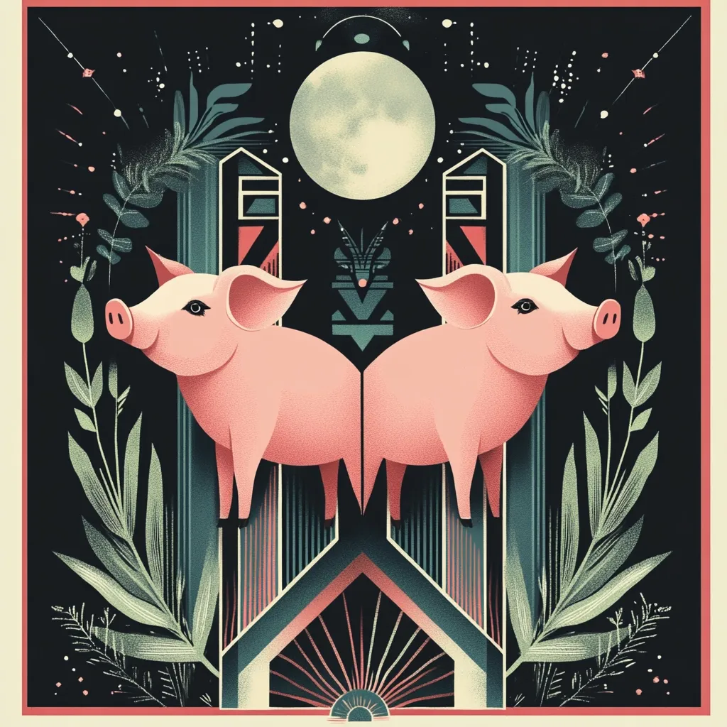Here's a description of the image:

The illustration features two stylized pink pigs, mirrored, standing symmetrically within a geometric art deco frame.  The frame is composed of teal and coral accents against a dark background, punctuated by stylized floral elements and foliage. A large, pale full moon hangs above the pigs, adding to the mystical, almost celestial feel. The overall style is a blend of art deco and folk art, creating a visually rich and harmonious composition.  The color palette is muted yet striking, with the pinks and greens contrasting against the dark background.