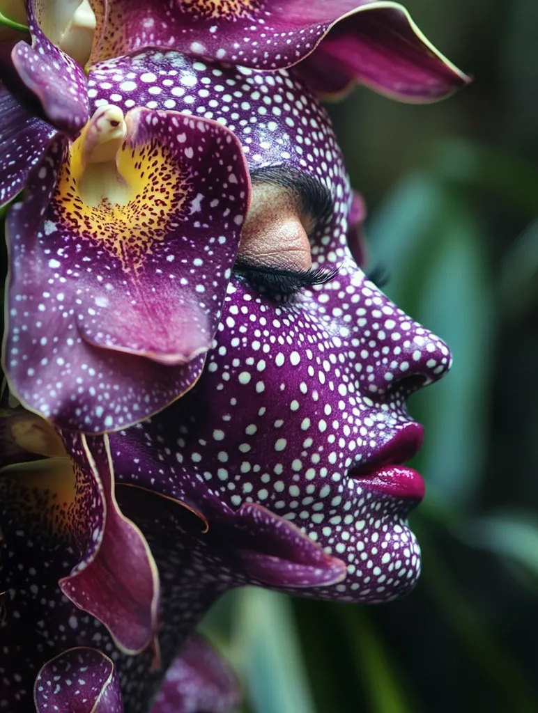 Here's a description of the image:

The close-up shot features a woman's face artistically adorned with a vibrant purple and white polka-dot pattern, seamlessly blending with large, rich purple orchids that seem to grow from her skin. Her eyes are closed, and her lips are painted a deep crimson. The background is blurred, suggesting a lush, green natural environment. The overall effect is surreal and striking, creating a captivating fusion of nature and body art. The image is high-contrast, emphasizing the texture of both the orchids and the painted skin.