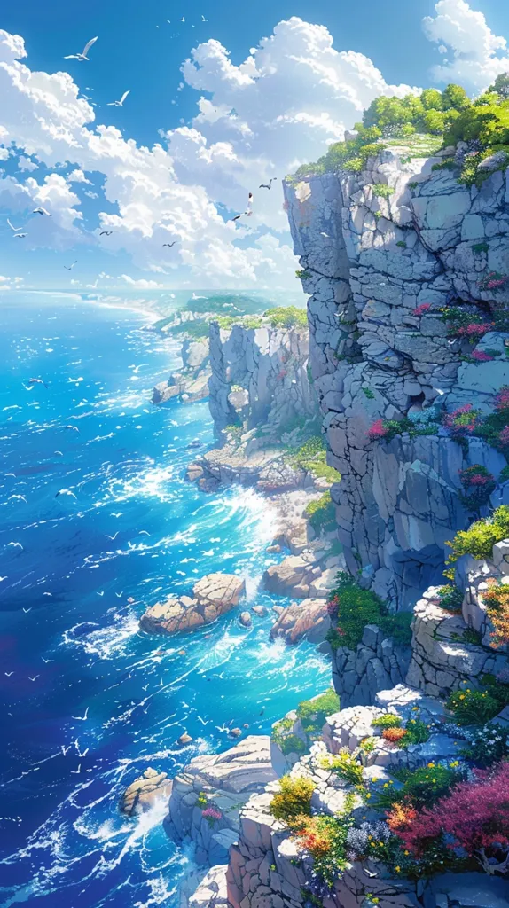Here's a description of the image:

A vibrant digital painting showcases a breathtaking coastal cliffside scene.  The azure ocean crashes against the rocky shoreline, its waves frothing white against the vivid blue water.  Birds fly overhead against a bright, sunny sky filled with fluffy white clouds.  The cliffs are textured and rugged, adorned with lush greenery and colorful wildflowers, creating a striking contrast against the gray stone. The overall style evokes a sense of idyllic serenity and natural beauty.
