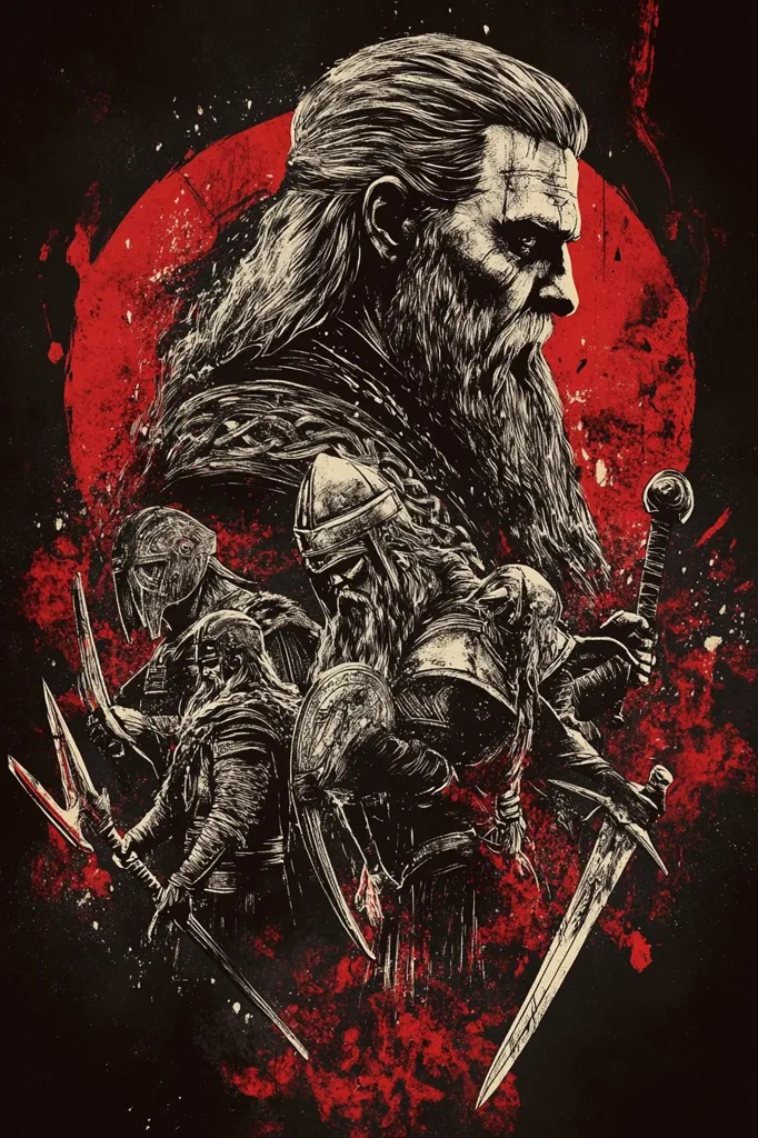 This striking artwork depicts a powerful Viking warrior, his long beard flowing, set against a blood-red sun.  He stands with three other armored warriors, each wielding a sword or spear.  The style is a gritty, black and white sketch with red splatter accents, suggesting violence and battle. The overall mood is dark, intense, and evokes a sense of ancient Norse power and ferocity.  The image has a graphic novel or poster feel.