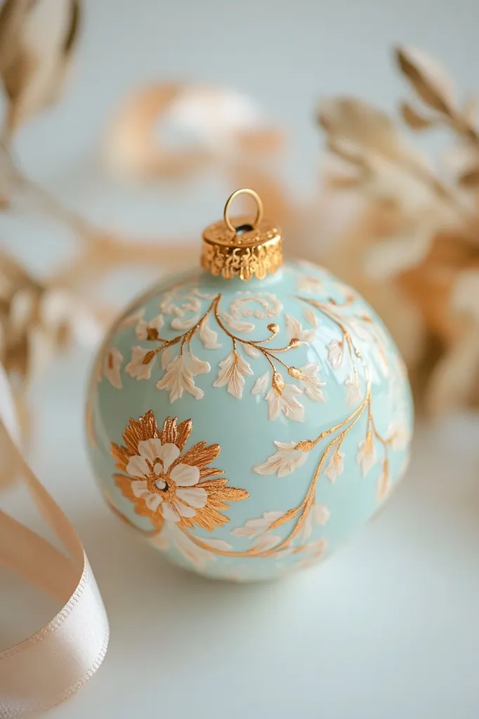 A delicate, pale blue Christmas ornament rests on a white surface.  It's adorned with an intricate design of gold and off-white floral patterns, appearing hand-painted or embossed. The ornament features a gold cap and is surrounded by out-of-focus elements suggesting a festive setting, including beige ribbon and dried floral accents.  The overall aesthetic is elegant and subtly luxurious.