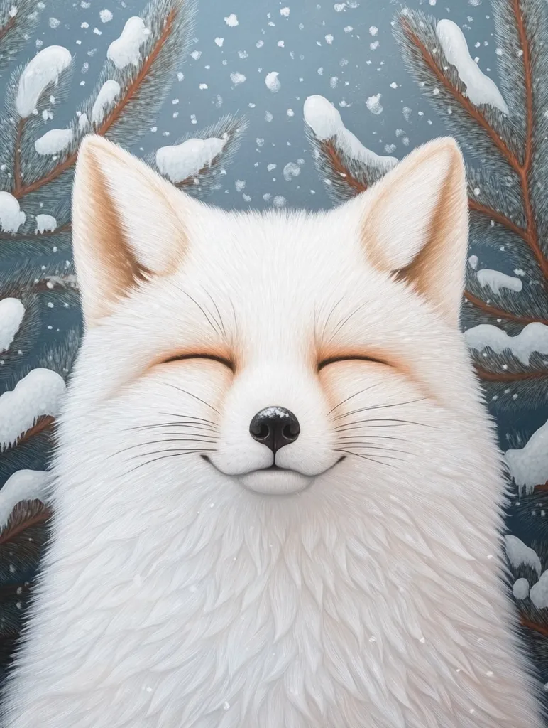 Here's a description of the image:

The illustration depicts a charming arctic fox, its eyes gently closed in a serene smile.  The fox's fur is luxuriously white and fluffy, contrasting beautifully with the muted blue background.  Snow-dusted pine branches frame the fox, adding to the wintery ambiance.  Light snow falls gently, creating a peaceful and whimsical atmosphere. The style is painterly, emphasizing texture and soft lighting, giving the image an overall cozy and heartwarming feel.