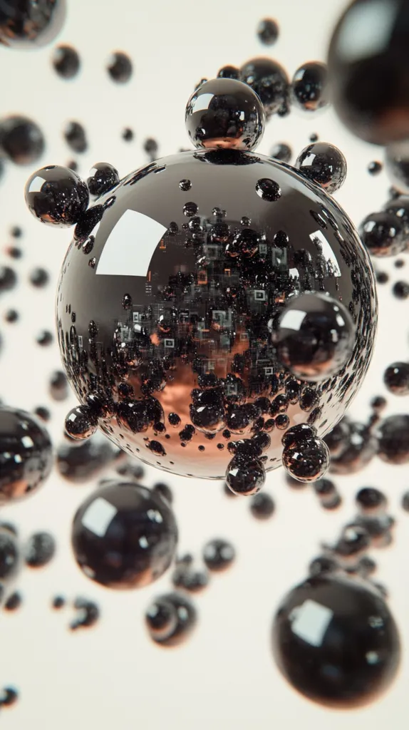 Here's a description of the image:

The image is an abstract 3D rendering of a large, dark sphere composed of many smaller, glossy spheres.  The large sphere has a subtle reddish-brown hue beneath its dark surface, visible through the gaps between the smaller spheres. These smaller spheres also surround the larger one, floating in a white background, creating a sense of depth and movement. The overall effect is one of intricate, clustered spheres, resembling a microscopic view or a complex molecular structure.  The lighting is soft and diffuse, accentuating the reflective surfaces of the spheres.