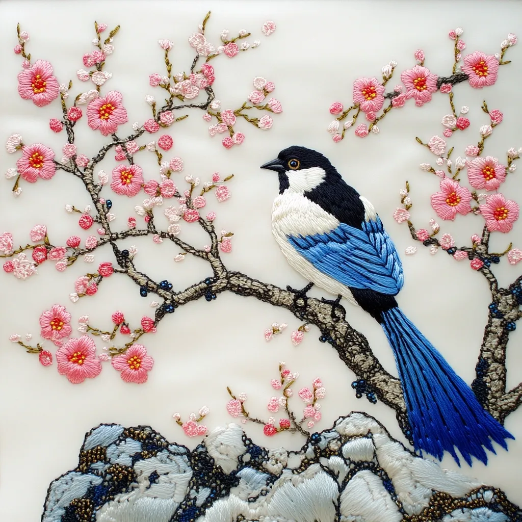 This exquisite piece of embroidery depicts a vibrant blue and white bird perched on a blossoming plum branch.  Delicate pink flowers are meticulously stitched, creating a profusion of spring blossoms.  The bird's plumage is rendered with remarkable detail, showcasing the artist's skill.  Below, a rocky outcrop adds texture and depth to the composition, creating a serene and beautiful scene. The overall effect is one of elegance and artistry.
