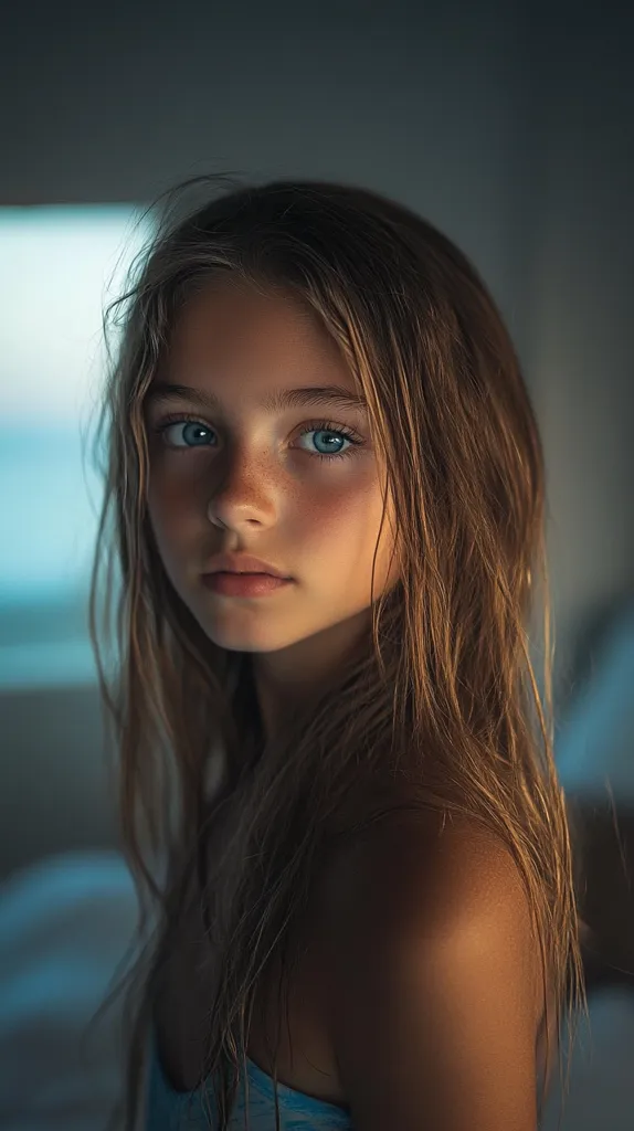 A young girl with long, wet, light brown hair stares intensely at the camera.  Her blue eyes are striking against her fair skin, dotted with freckles.  Soft light illuminates her face, highlighting her features. She appears to be wearing a light blue swimsuit top. The background is blurred, focusing attention on the girl's expressive gaze.