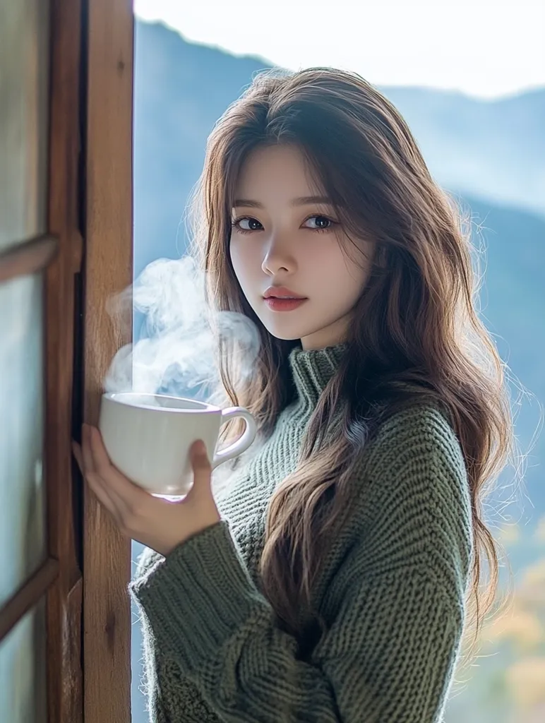A young woman with long, dark brown hair stands by a wooden window, holding a steaming white mug.  She's wearing a soft, olive-green knit turtleneck sweater.  Her expression is serene, and she gazes directly at the camera. The background is softly blurred, suggesting a mountainous landscape visible through the window. The overall mood is calm and peaceful, with a focus on the woman's beauty and the warmth of the drink.