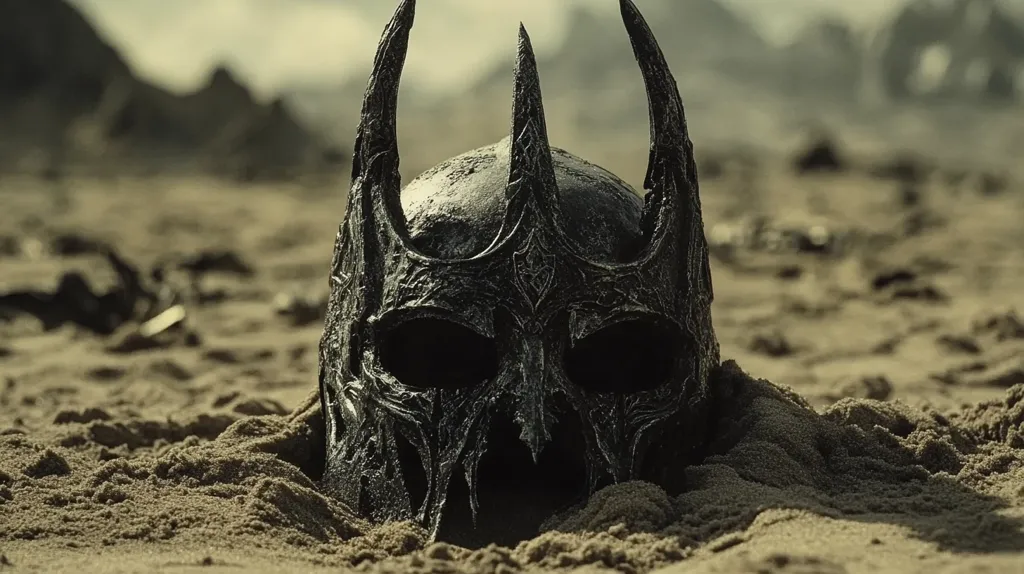 A weathered, dark helmet, intricately carved with sharp, angular designs, is partially buried in sand.  The helmet's tall, pointed crest dominates the image, suggesting a warrior or mythical figure.  The background is blurred but shows a desolate, rocky landscape, perhaps a beach or desert. The overall mood is one of ancient loss or forgotten conflict. The helmet's shadowed features hint at a powerful, possibly menacing presence.