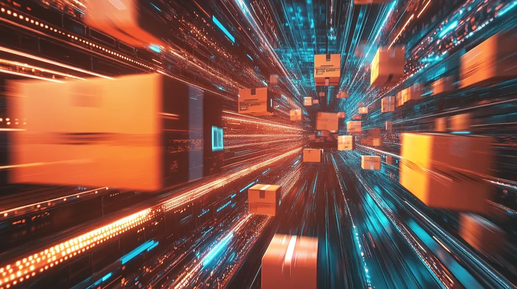 The image depicts a futuristic, high-speed digital tunnel filled with numerous cardboard boxes, seemingly hurtling through cyberspace.  Orange and teal streaks of light create a motion blur effect, emphasizing the rapid movement.  The boxes, possibly representing online orders, are sharply defined against the abstract background of data streams, suggesting fast and efficient e-commerce delivery. The overall aesthetic is vibrant and dynamic, showcasing the concept of swift, global digital transactions.