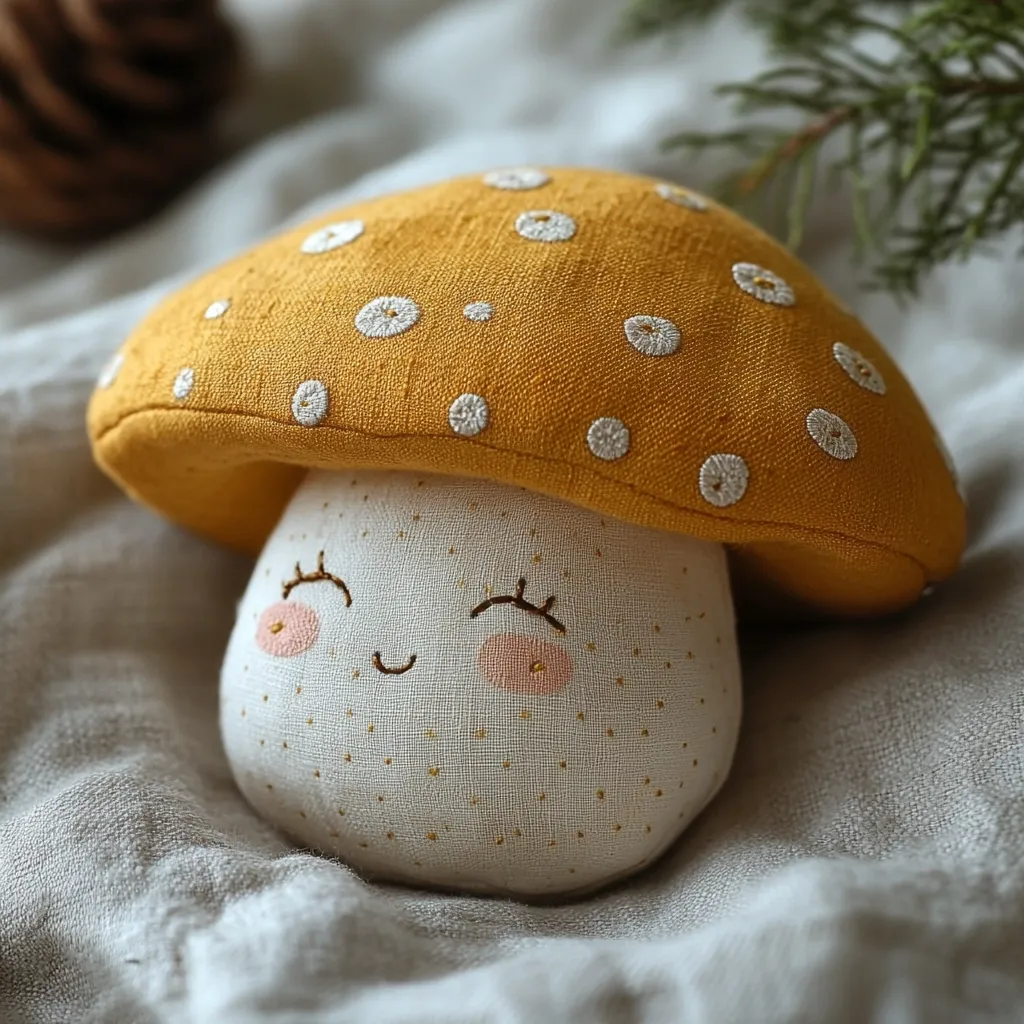 Here's a description of the image:

Close-up view of a handmade mushroom toy resting on a light beige fabric. The mushroom's cap is a mustard yellow, adorned with small, embroidered white dots.  The stem is off-white, featuring embroidered rosy cheeks and a simple smiling face.  Fine gold detailing is also visible on the stem. The background subtly shows a portion of a pine branch and blurred elements suggesting a cozy, natural setting. The overall style is whimsical and handcrafted.