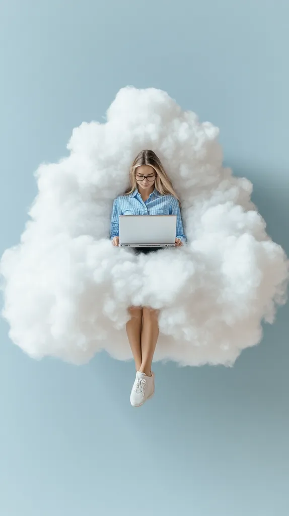 A young woman with blonde hair and glasses sits comfortably nestled within a large, fluffy white cloud against a pale blue backdrop.  She's working on a silver laptop, her legs dangling below the cloud.  The scene is surreal and whimsical, suggesting a feeling of lightness, freedom, and perhaps cloud computing or remote work. Her white sneakers complete the peaceful, dreamlike atmosphere.