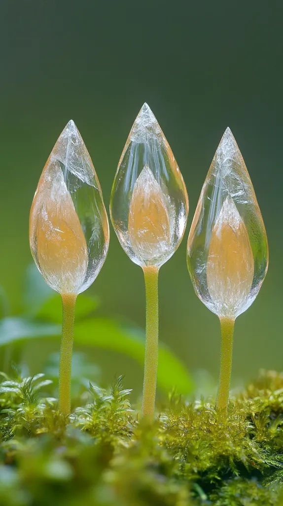 Three translucent, teardrop-shaped plant structures emerge from a bed of vibrant green moss.  Their delicate, pale orange interiors are visible through the clear outer shells. The stems are slender and a similar pale green. The background is a soft, blurred green, drawing focus to the unique trio of plants in the foreground.  The image evokes a sense of fragility and natural beauty.
