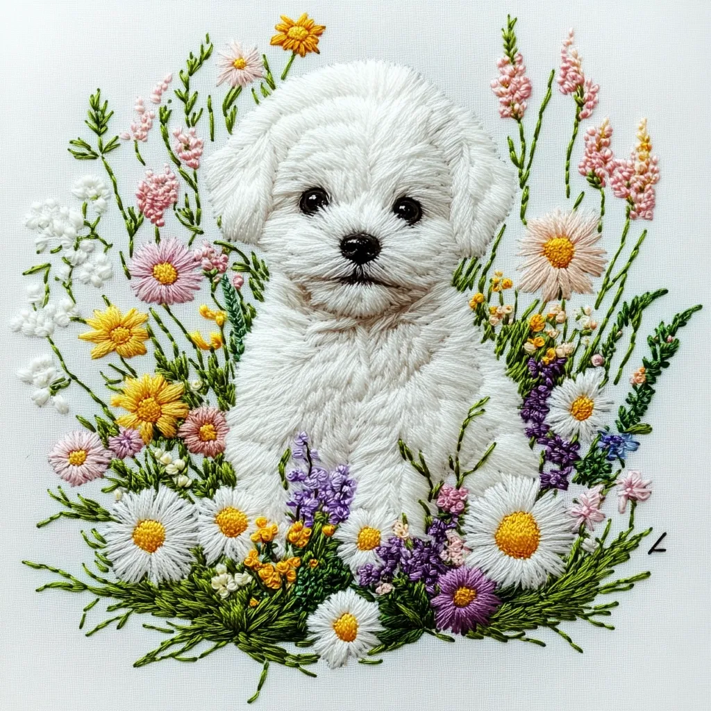 Here's a description of the image:

The image is a meticulously crafted piece of needlepoint embroidery depicting a fluffy white puppy, possibly a Maltese or Bichon Frise, nestled amongst a vibrant array of embroidered wildflowers. The puppy is centrally positioned, its fur rendered with delicate stitches suggesting texture and softness.  The flowers surrounding it are diverse in color and type, including daisies, smaller blossoms, and sprigs of lavender, creating a charming, spring-like setting. The overall style is realistic, yet retains the characteristic textural quality of hand-stitched embroidery on a light-colored fabric.