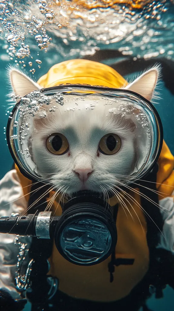 Here's a description of the image:

A white cat, wearing a yellow diving suit and a clear diving mask, is submerged underwater.  Bubbles surround the cat's head and rise towards the surface. The cat's expression is serious and curious as it stares directly at the camera.  The focus is sharp on the cat's face, while the background is slightly blurred, showcasing the underwater environment. The scuba gear is clearly visible, with a regulator attached. The overall scene is humorous and whimsical.