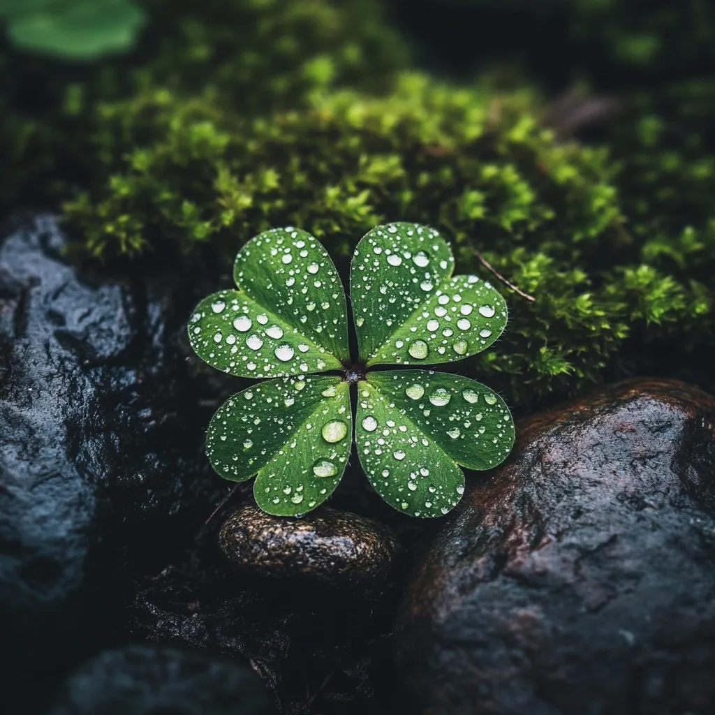 Here's a description of the image:

A close-up shot reveals a vibrant green four-leaf clover, glistening with water droplets, nestled amongst dark, smooth rocks and a bed of lush green moss. The clover is the central focus, its leaves exhibiting a rich, saturated green color, sharply contrasting with the darker background. The water droplets enhance the clover's texture and add a sense of freshness. The overall ambiance is one of serene natural beauty, emphasizing the delicate detail of the clover against the rugged backdrop of the rocks and moss.  The image evokes a sense of peace and tranquility.