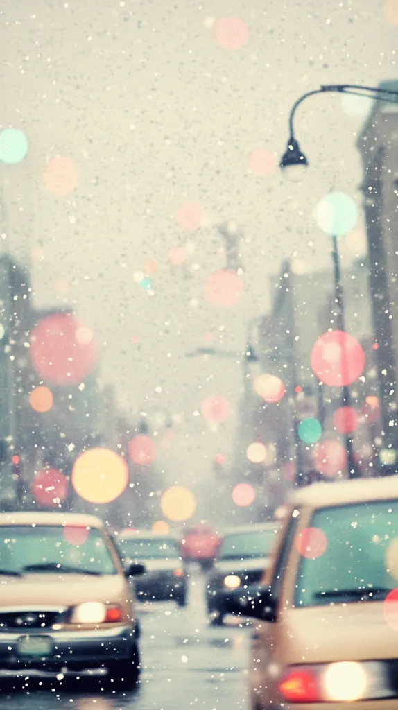 A softly focused image depicts a snowy city street at night.  Cars are visible, blurred by motion and snowfall, creating a dreamy, romantic atmosphere.  Pastel-colored bokeh from streetlights and festive lights fill the background, adding to the magical winter scene.  The falling snow is prominent, enhancing the overall sense of a quiet, peaceful, and beautiful winter evening.