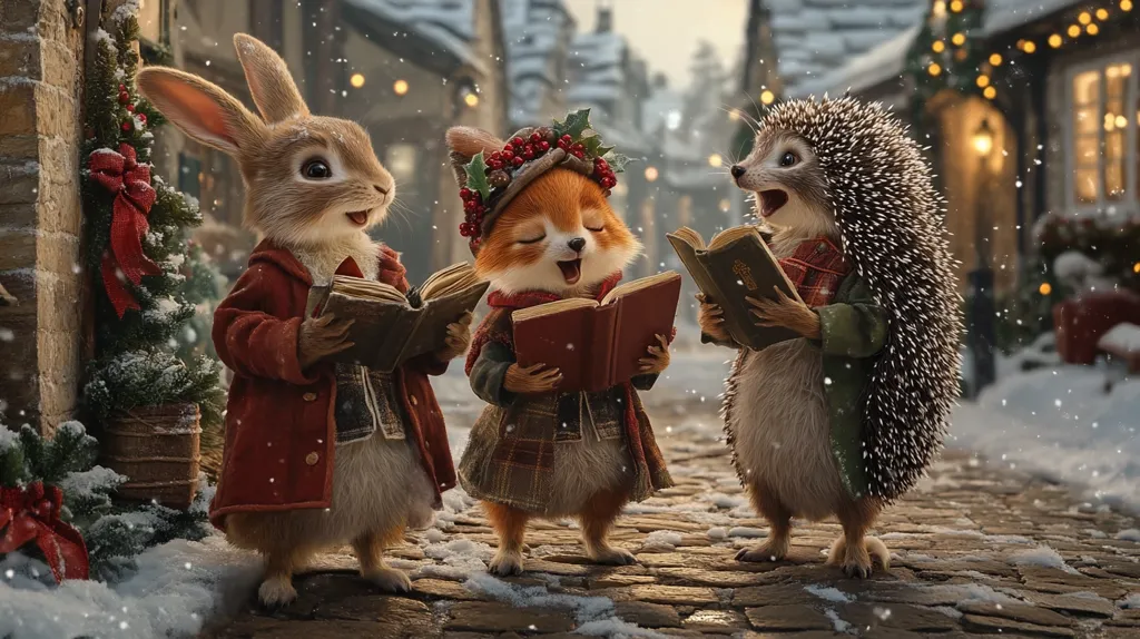 A charming Christmas scene depicts a rabbit, a fox, and a hedgehog, dressed in festive attire, singing carols from songbooks in a snowy village street.  The animals are anthropomorphic, with expressive faces and human-like clothing.  The background features quaint buildings adorned with Christmas lights, adding to the cozy, winter wonderland ambiance.  Snow gently falls, enhancing the picturesque setting.