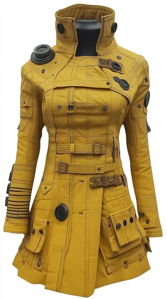 A mustard-yellow women's coat, styled in a steampunk aesthetic, is showcased.  The coat features multiple pockets, buckles, and dark circular accents, adding a futuristic, utilitarian feel.  Detailed stitching emphasizes the layered design.  The high collar and long sleeves suggest warmth and protection. The coat appears to be made of a sturdy, possibly canvas-like material.  Its fitted shape and embellishments suggest a fashionable and unique garment.