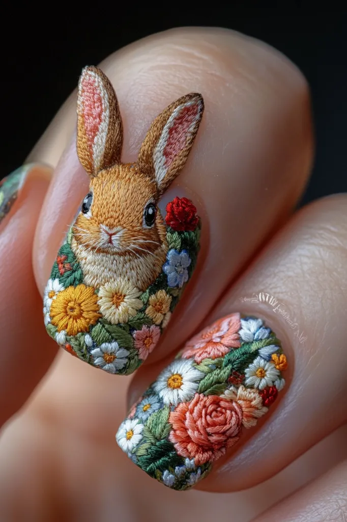 Intricate embroidered nail art adorns a hand.  One nail features a charming brown rabbit nestled amongst a vibrant bouquet of embroidered flowers.  Another nail showcases a similar floral design, with delicate stitches rendering various blossoms in shades of pink, orange, white, and yellow. The artistry is incredibly detailed, showcasing exceptional skill and patience.  The overall effect is both whimsical and elegant.