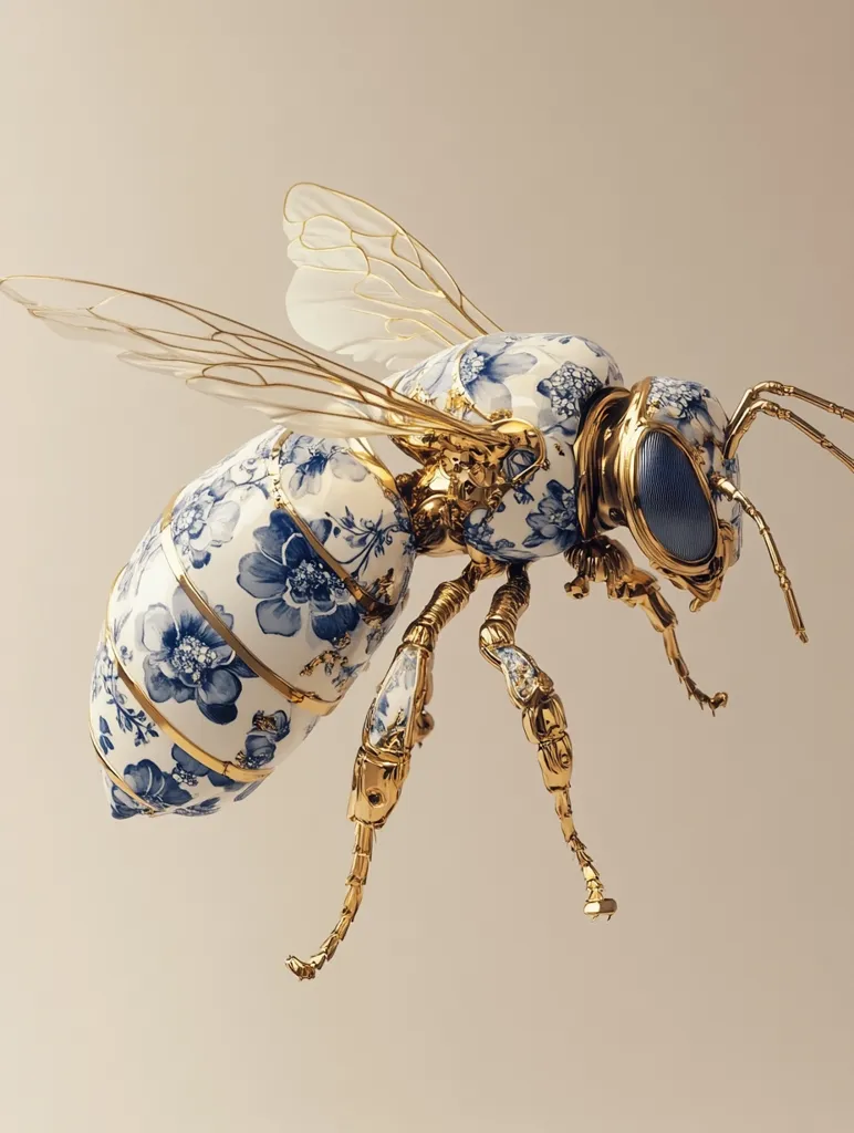 Here's a description of the image:

The image showcases a meticulously crafted, three-dimensional artwork of a bee. Its body is predominantly white porcelain, adorned with a delicate blue and white floral pattern reminiscent of Delftware.  The bee's legs and wings are fashioned from gold, giving it a luxurious, almost robotic appearance. The wings are translucent, allowing a glimpse of the gold framework beneath. The bee's head features striking blue, jewel-like eyes. The overall effect is one of exquisite artistry and a striking contrast between the delicate porcelain and the gleaming gold.  The background is a neutral beige, which further enhances the bee's detailed features.