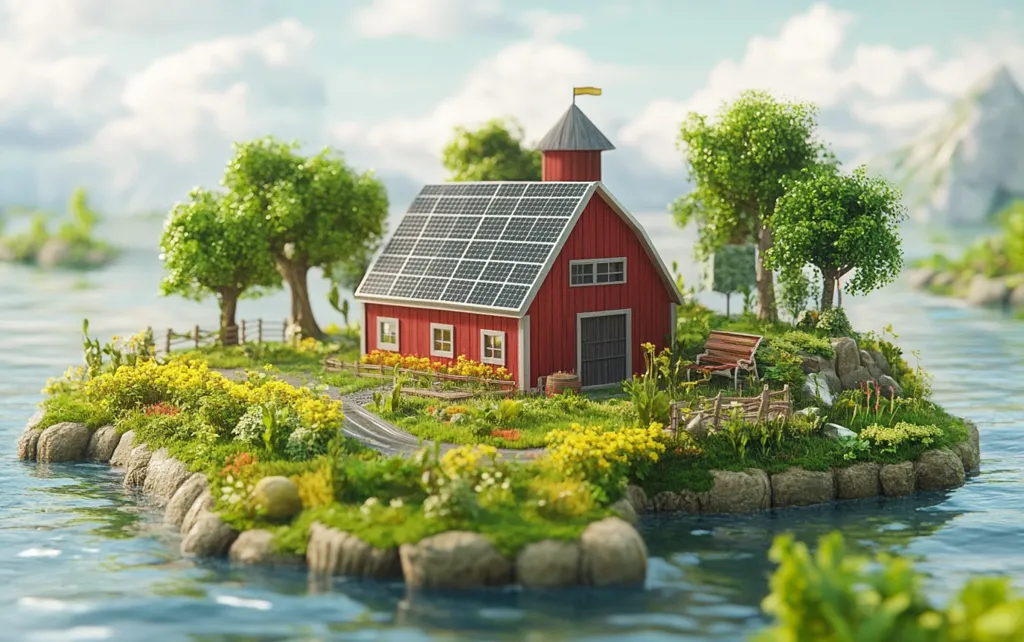 A charming, idyllic scene depicts a red barn equipped with solar panels, nestled on a small, lush island in a calm body of water.  The island is vibrant with wildflowers, green grass, and mature trees, suggesting a self-sufficient, eco-friendly existence.  A rustic wooden bench sits near the barn, adding to the peaceful, picturesque atmosphere.  The background hints at distant mountains under a bright, sunny sky.  The overall impression is one of sustainable living in harmony with nature.