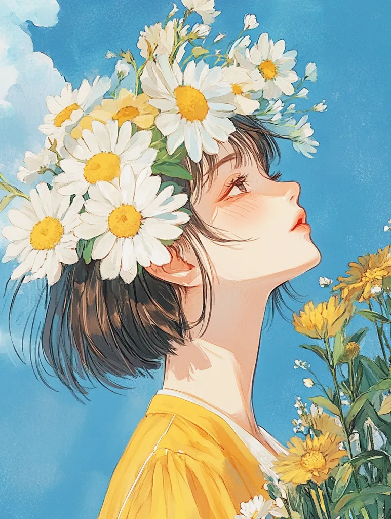 Here's a description of the image:

The illustration showcases a young woman with short brown hair, adorned with a crown of white daisies.  Her head is tilted back, her gaze directed upwards, suggesting a feeling of serenity or contemplation. She's dressed in a vibrant yellow top, and in her hand, or near her shoulder, is a bouquet of cheerful yellow flowers.  The background is a clear, bright blue sky with wispy white clouds, adding to the overall peaceful and dreamy atmosphere. The style is reminiscent of anime or manga, with soft, delicate lines and a focus on gentle color palettes.