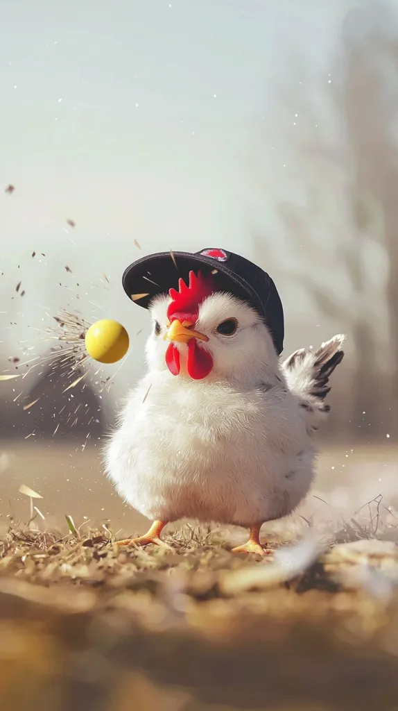 Here's a description of the image:

A fluffy white chick, sporting a miniature black baseball cap, stands proudly in the foreground.  A small, yellow projectile, seemingly a ball, explodes in a burst of tiny particles just behind it, suggesting a playful impact or a moment of action. The chick's expression is serious and alert, its bright red comb adding a splash of color. The background is softly blurred, showing a muted brown and green ground cover under a hazy sky. The overall tone is whimsical and charming, suggesting a fantastical, almost surreal scene.