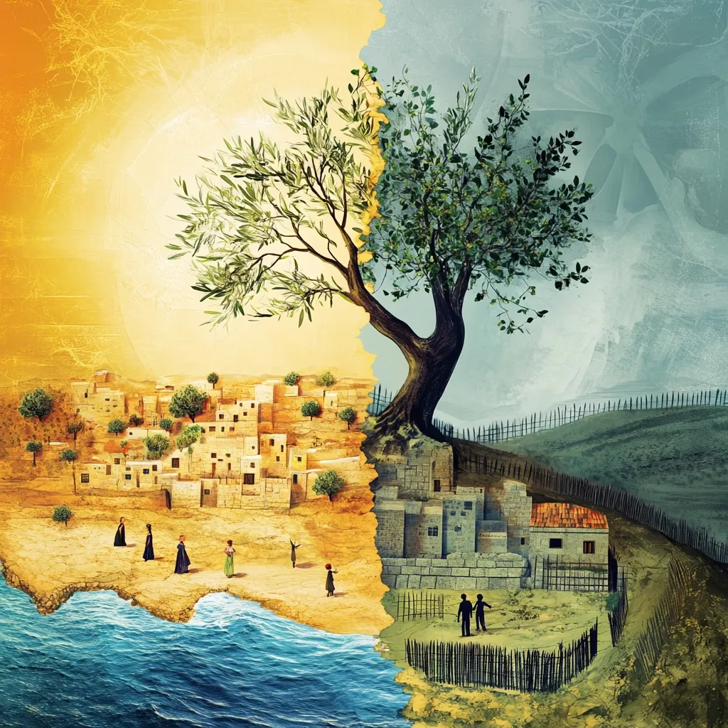 A stylized artwork depicts a large olive tree bisecting a scene.  One side shows a sun-drenched, warm-toned village by a calm sea, with figures in flowing robes.  The other half is cooler, more muted, showing a walled village on a hill, and figures in modern dress. The contrast suggests a dichotomy, perhaps of past and present, or different cultures or societal states.  The olive tree, a symbol of peace and longevity, links the two halves, suggesting a common thread or enduring hope.