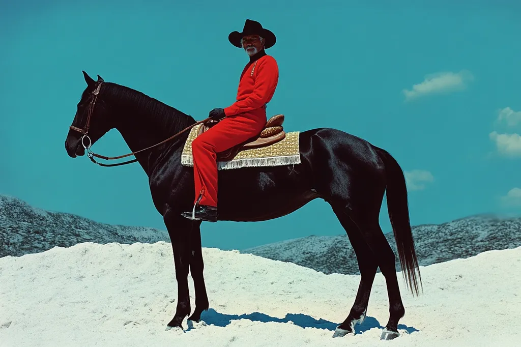 A photograph depicts an older man with a white beard and mustache, wearing a red jumpsuit and a black cowboy hat, sitting astride a black horse.  The horse is saddled with a fringed saddle blanket. They stand against a backdrop of a bright turquoise sky and snowy, mountainous terrain. The scene is stark and vivid, with a strong contrast between the bright colors of the clothing and the horse against the muted landscape. The overall impression is one of quiet dignity and a western aesthetic.
