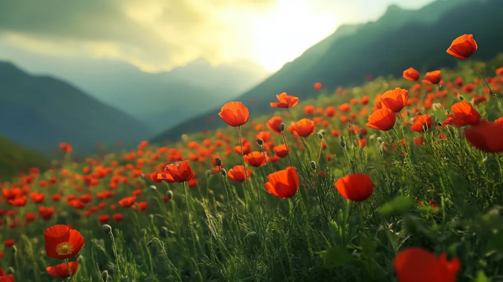 A vibrant field of red poppies stretches across a gently sloping landscape, bathed in the warm glow of a setting sun.  The mountains rise in the background, their silhouettes softened by the hazy light.  The poppies are in various stages of bloom, their bright red petals contrasting beautifully against the green stalks and the distant, muted tones of the mountain range. The overall scene is one of serene beauty and natural splendor.