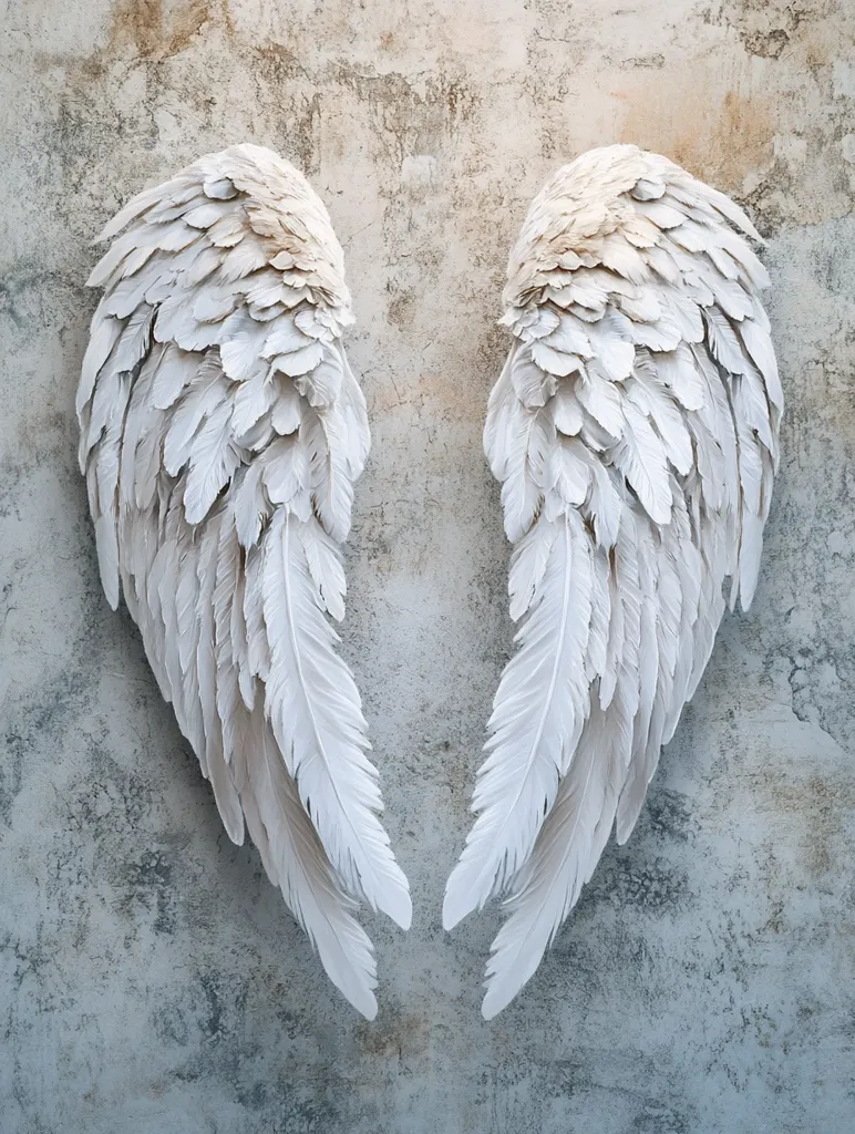 Here's a description of the image:

The image showcases a pair of large, off-white angel wings set against a textured, grey wall. The wings are intricately detailed, with numerous individual feathers meticulously rendered, creating a realistic and ethereal effect.  The feathers are subtly shaded, adding depth and dimension to their form.  The wings are positioned symmetrically, mirroring each other, with their tips almost touching at the center. The background's mottled texture provides a stark yet complementary contrast to the smooth surface of the wings. The overall impression is one of serenity and peaceful contemplation.
