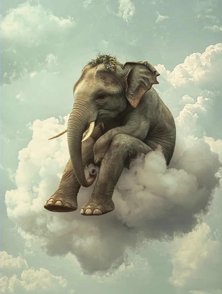 Here is a description of the image:

A serene digital artwork depicts a lone elephant gracefully perched atop a fluffy white cloud against a soft, pastel blue sky. The elephant, rendered with realistic detail, sits with its legs dangling, seemingly at peace.  A small patch of greenery adorns its head. The cloud provides a comfortable seat, and the overall mood is tranquil and dreamlike, evoking a sense of wonder and gentle fantasy.  The sky features a light, airy cloud formation, enhancing the ethereal atmosphere.