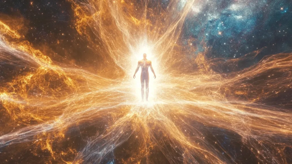 The image depicts a glowing, ethereal human figure standing at the center of a cosmic scene.  Intricate, golden energy streams radiate outwards from the figure, forming a radiant, almost celestial, pattern across the dark background. This energy contrasts with a cooler, bluish nebula visible in the upper right corner, creating a dramatic visual dichotomy.  The overall impression is one of connection between humanity and the vastness of the universe, perhaps suggesting a spiritual or transcendental experience.