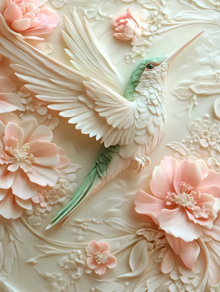Intricate, three-dimensional relief art depicts a hummingbird in flight amidst delicate, pastel pink flowers.  The bird's wings are meticulously sculpted, feathers individually defined, and its body showcases a soft green gradient. The flowers, appearing almost peony-like, are equally detailed, with individual petals and stamens clearly visible. The creamy off-white background provides a soft contrast to the detailed carvings, creating a serene and elegant piece. The overall impression is one of exquisite craftsmanship and delicate beauty.
