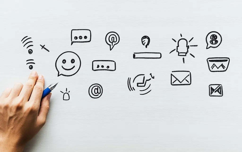 A hand holds a pen, drawing various communication icons on a white surface.  The drawings include speech bubbles, email symbols, Wi-Fi signals, a lightbulb, and a smiley face.  The style is simple, hand-drawn, suggesting brainstorming or planning related to online communication, social media, or customer engagement.  The overall impression is one of connectivity and positive user experience.