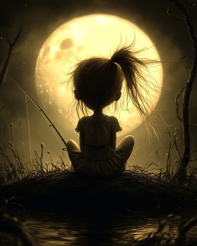 Here's a description of the image:

The artwork depicts a young girl, her back to the viewer, sitting cross-legged on a dark, rocky outcropping beside a still body of water.  She holds a fishing rod, gazing at a massive, luminous full moon dominating the background. Her hair is long and flows in the unseen breeze. The scene is bathed in a warm, sepia tone, creating a melancholic and dreamlike atmosphere.  Silhouetted trees and reeds frame the composition, adding to the sense of solitude and mystery. The overall effect is one of quiet contemplation and magical realism.