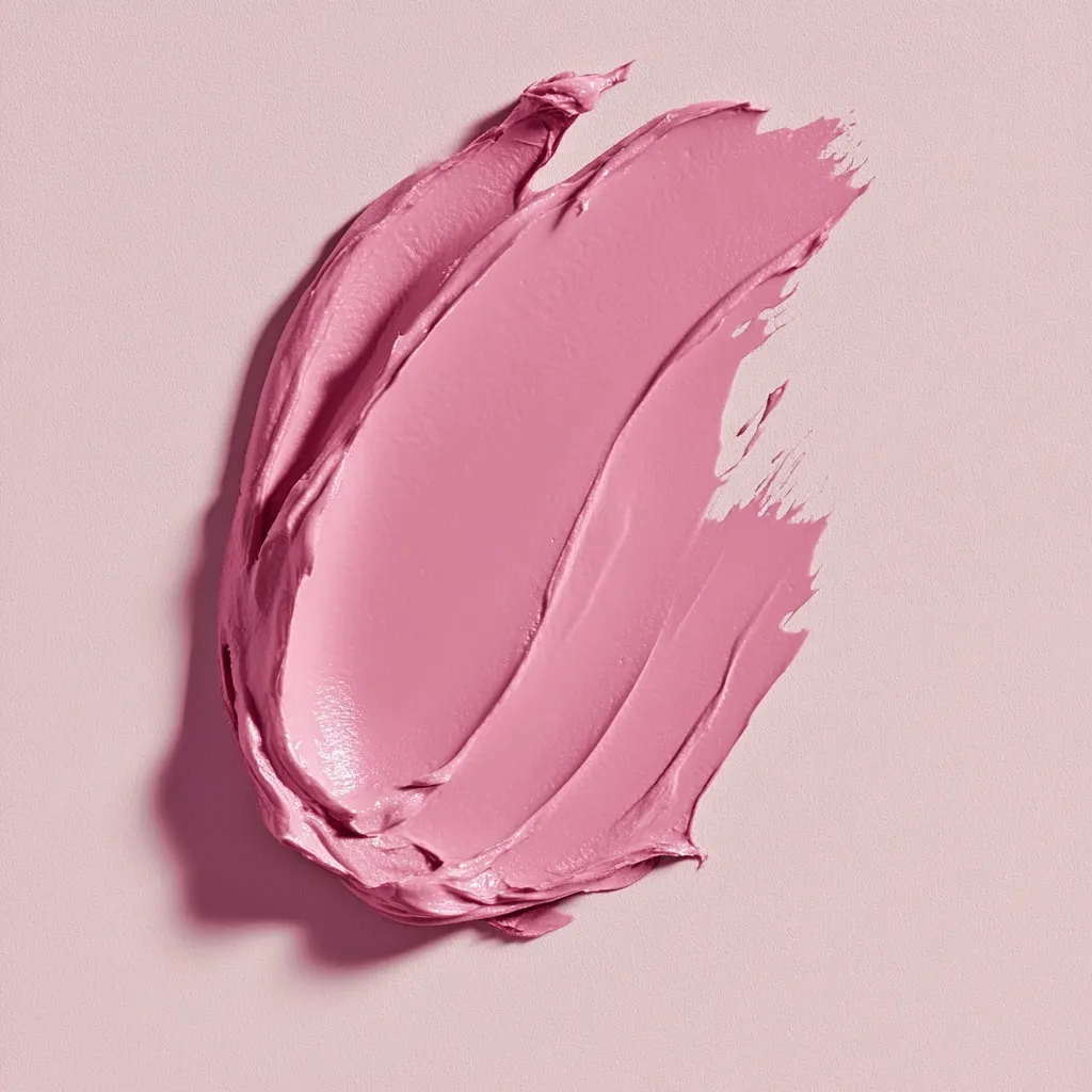A swatch of pale pink cosmetic product is displayed against a light pink background. The creamy texture is shown in a swiped, irregular shape, suggesting a smooth, possibly moisturizing consistency.  The lighting highlights the subtle sheen and the slightly uneven application, showcasing the product's texture and color. The image is clean and minimalist, focusing solely on the product itself.