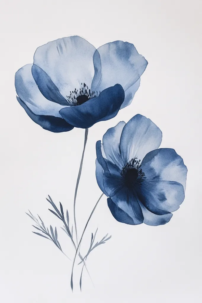 Here's a description of the image:

The artwork is a watercolor painting of two stylized blue poppies.  The flowers are rendered in varying shades of blue, from a light, almost gray-blue to a deeper indigo, creating a soft, dreamy effect.  The petals are loosely painted, suggesting a delicate texture and slightly blurred edges.  Simple, thin stems and delicate foliage complete the composition, set against a plain white background. The overall style is minimalist and elegant, emphasizing the subtle beauty of the flowers and their muted color palette.