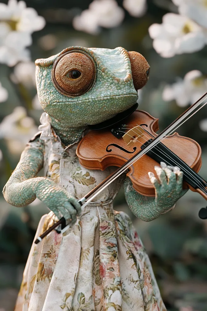 Here's a description of the image:

A charming digital rendering depicts a chameleon, meticulously detailed, dressed in a floral dress.  It holds a violin, its scaled hands delicately positioned on the strings and bow. The chameleon's large, expressive eyes are captivating. The background is softly blurred, showing a garden setting with white flowers, creating a dreamy, whimsical ambiance. The overall style is fantastical and artistic, suggesting a storybook illustration or character design.