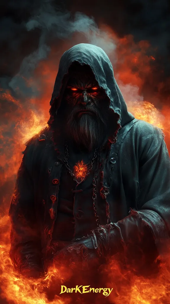 A digital painting depicts a menacing figure, cloaked and hooded, with glowing red eyes.  His long, grey beard and weathered face suggest age and power. He wears a dark, tattered coat and a chain with a fiery emblem hangs around his neck. Surrounding him are intense orange and red flames, creating a dramatic, hellish atmosphere. The watermark "DarkEnergy" is visible at the bottom. The overall impression is one of dark fantasy or a powerful, malevolent sorcerer.