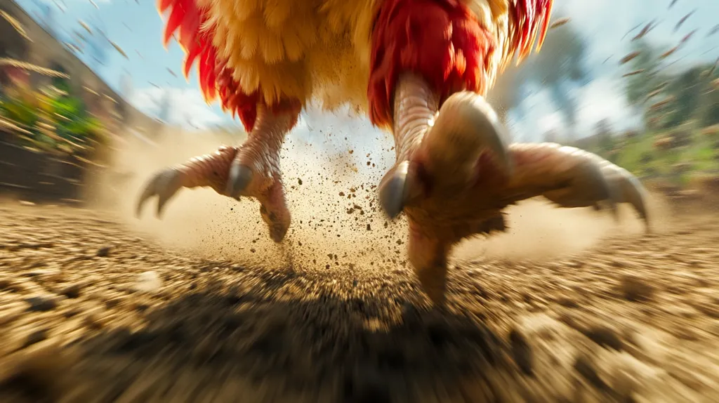 Here is a description of the image:

The image is a dynamic close-up shot of a chicken's legs in motion.  The chicken, with reddish and yellowish plumage, is running at high speed across dirt ground, kicking up a cloud of dust. The focus is on the powerful claws and legs, blurred by motion, suggesting incredible speed and energy. The background is a motion blur of greenery and a building, adding to the sense of rapid movement. The overall effect is one of intense action and raw power.
