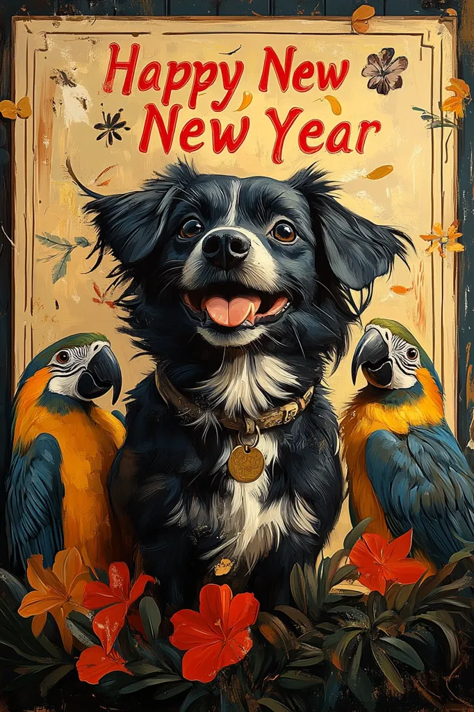 A vibrant, vintage-style poster proclaims "Happy New Year" in bold red lettering.  A cheerful black and white dog sits center, flanked by two brilliantly colored macaws. Lush tropical flowers and foliage frame the scene, creating a festive and whimsical New Year's greeting. The artistic style is painterly, with textured backgrounds and richly hued subjects. The overall impression is one of warmth and joyful celebration.
