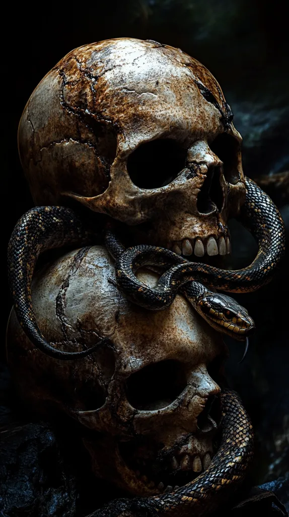 Here's a description of the image:

A dramatically lit, close-up shot reveals two human skulls, one atop the other, intricately entwined with a dark snake. The skulls are weathered, exhibiting discoloration and texture suggestive of age and decay. The snake, black with subtle lighter markings, coils around the skulls, its head near the upper skull's jaw. The overall mood is dark, mysterious, and evokes themes of mortality and the macabre. The background is blurred and dark, focusing attention on the skulls and snake.