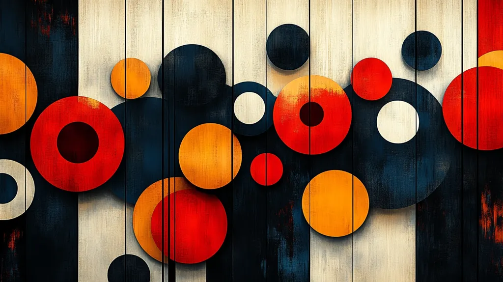 The image is an abstract artwork featuring a collection of overlapping circles in varying sizes and shades of red, orange, white, and dark blue.  These circles appear to be layered on a textured background resembling aged, vertical wooden planks in cream and dark blue tones.  The overall effect is a vibrant and visually interesting composition with a retro or mid-century modern aesthetic. The circles create a sense of depth and movement.