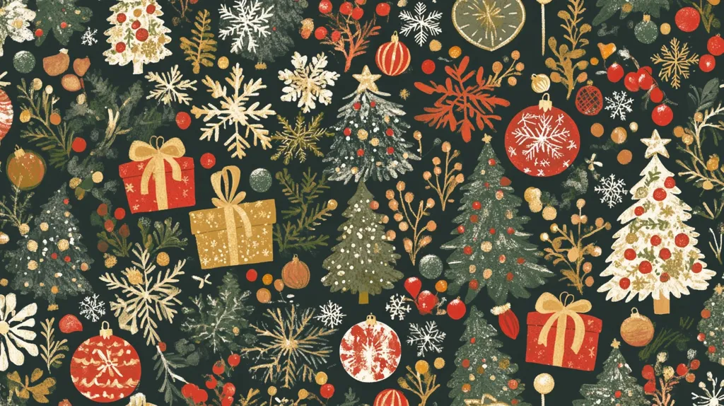 A festive Christmas pattern bursts with color and charm.  Stylized Christmas trees, snowflakes, ornaments in red and gold, and gift boxes are densely arranged against a dark green background.  The illustration features a textured, hand-drawn aesthetic with elements of gold leaf and a slightly rustic feel.  Small sprigs of greenery and berries add to the rich, wintry scene. The overall effect is one of joyous holiday cheer.