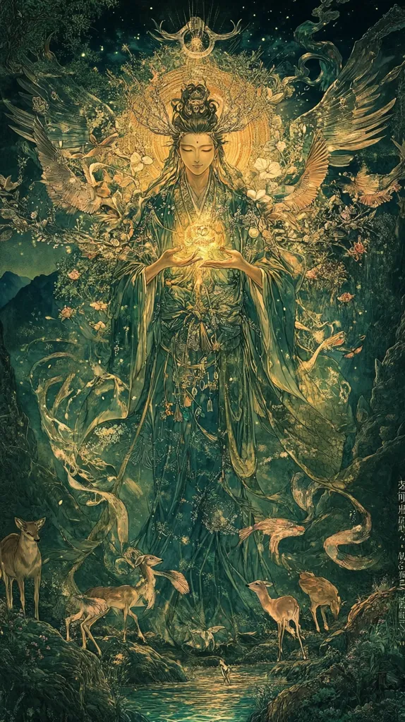 A serene, ethereal figure, possibly a goddess, is depicted in a lush, mystical forest.  Clad in flowing green robes, she holds a glowing orb, surrounded by fantastical creatures—deer, birds, and fish—that seem to emanate from her.  Large, feathery wings frame her, adding to her divine aura.  The overall style is reminiscent of Eastern art, rich in detail and imbued with a spiritual, nature-based energy. The scene is bathed in soft, golden light, contrasting with the darker greens of the forest and creating a peaceful, magical atmosphere.