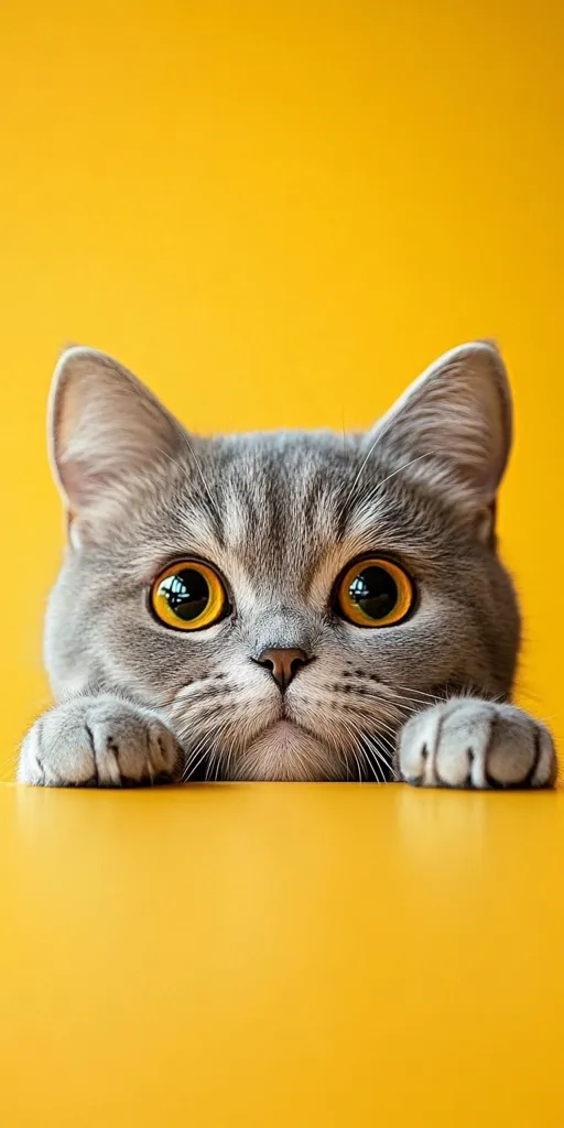 Here's a description of the image:

A gray tabby cat with striking, large, round yellow eyes peers over a bright yellow surface.  Its paws rest on the surface, framing its curious face. The cat's fur is soft-looking, and its expression is one of playful inquisitiveness. The vibrant yellow background provides a strong contrast to the cat's gray fur, making the image visually appealing and eye-catching. The overall impression is one of cheerful curiosity.
