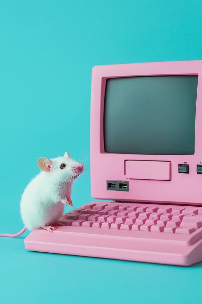Here's a description of the image:

A small, white mouse stands on the pink keyboard of a retro-style, pink desktop computer against a bright teal background. The computer has a boxy design reminiscent of older models, with a large screen and a simple keyboard. The mouse is positioned near the keyboard's center, seemingly observing the computer. The overall aesthetic is playful and vibrant, utilizing a pastel color palette. The scene suggests a humorous juxtaposition of technology and nature.