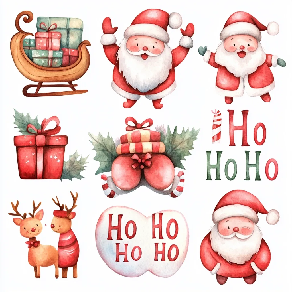 This watercolor illustration features a charming collection of Christmas elements.  Two versions of a cheerful Santa Claus, a sleigh laden with presents,  two adorable reindeer,  gift boxes, and a stack of presents nestled in holly are depicted.  The phrase "Ho Ho Ho" is presented in two styles, adding a festive touch.  The overall style is cute and whimsical, perfect for holiday cards or decorations.